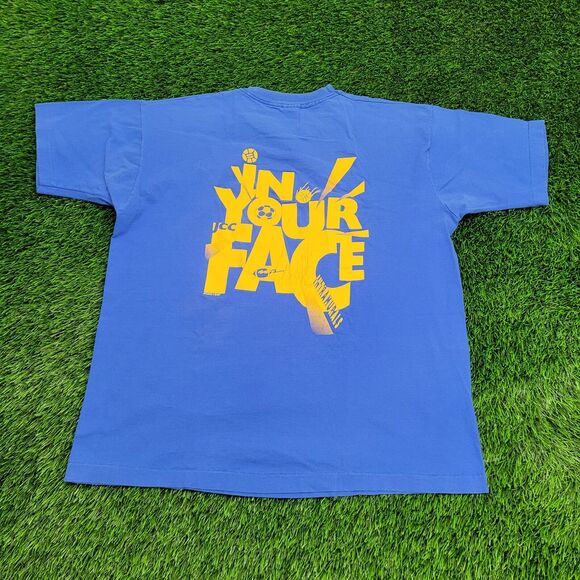 Vintage 90s Fruit-of-The-Loom Shirt XL 23x27 Blue Slogan - Picture 1 of 16